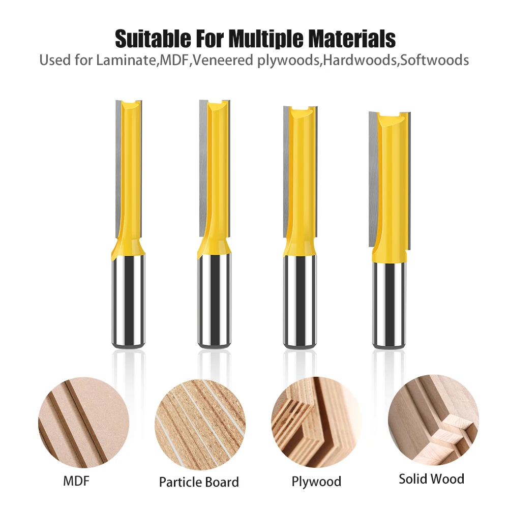 12mm 1/2in Shank Router Bit Set Double Flute Long Straight Bits Grooving Bits Trimming Cutter Woodworking Milling Tools