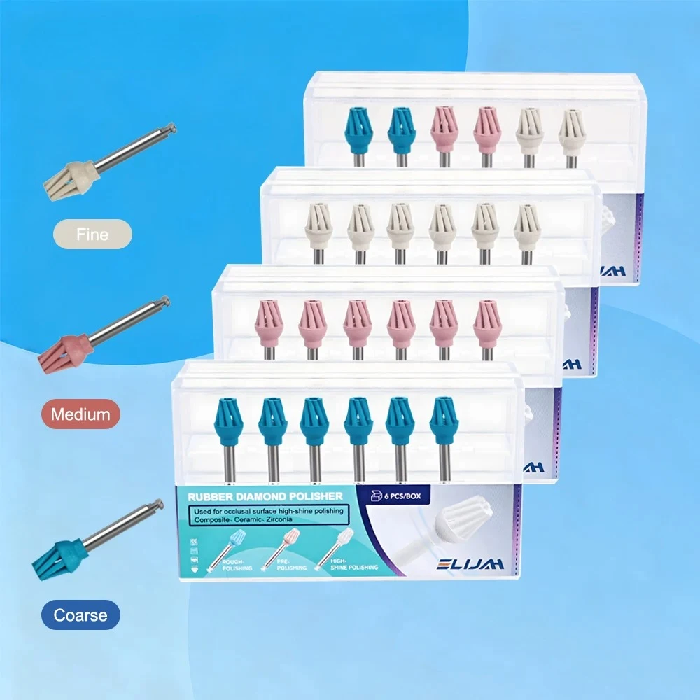 6Pcs/3Box ELIJAH Dental Eagle Polisher Rubber Diamond for RA Coarse/Medium/Fine Spiral Flex Brush Kit Composite Polishing Tools