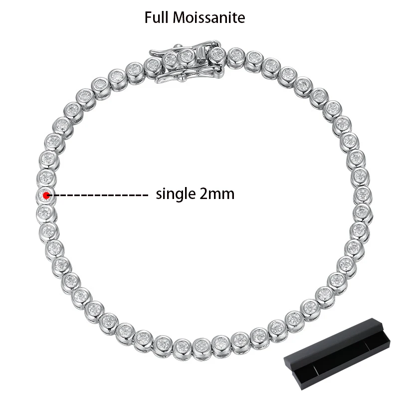 KNOBSPIN 2mm Moissanite Tennis Bracelet for Woman Men Hip Hop Chain with GRA 100% Sterling Sliver 18k White Gold Plated Bracelet