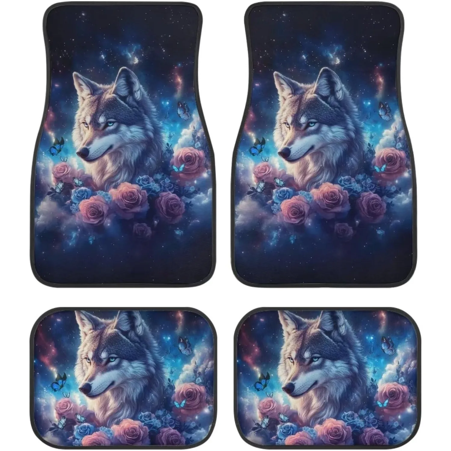 Wolf Rose Galaxy Car Floor Mat Collection, Designed For All Weather Conditions, Animal-Themed Front And Rear Seat Mats, Universa
