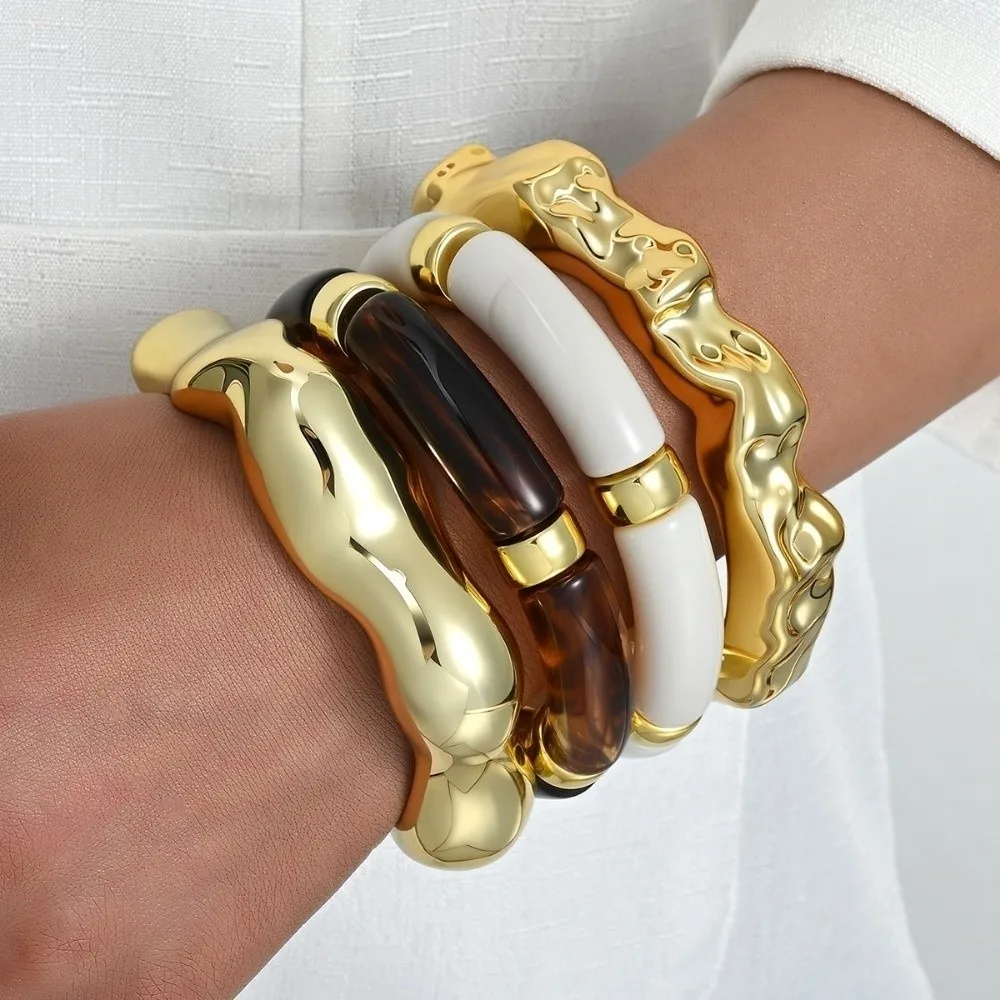 New Punk Resin Bangle Set Wide Bamboo Tube Irregular Resin Bracelet Thickened Stackable Exaggerated Chunky Bangles Gifts