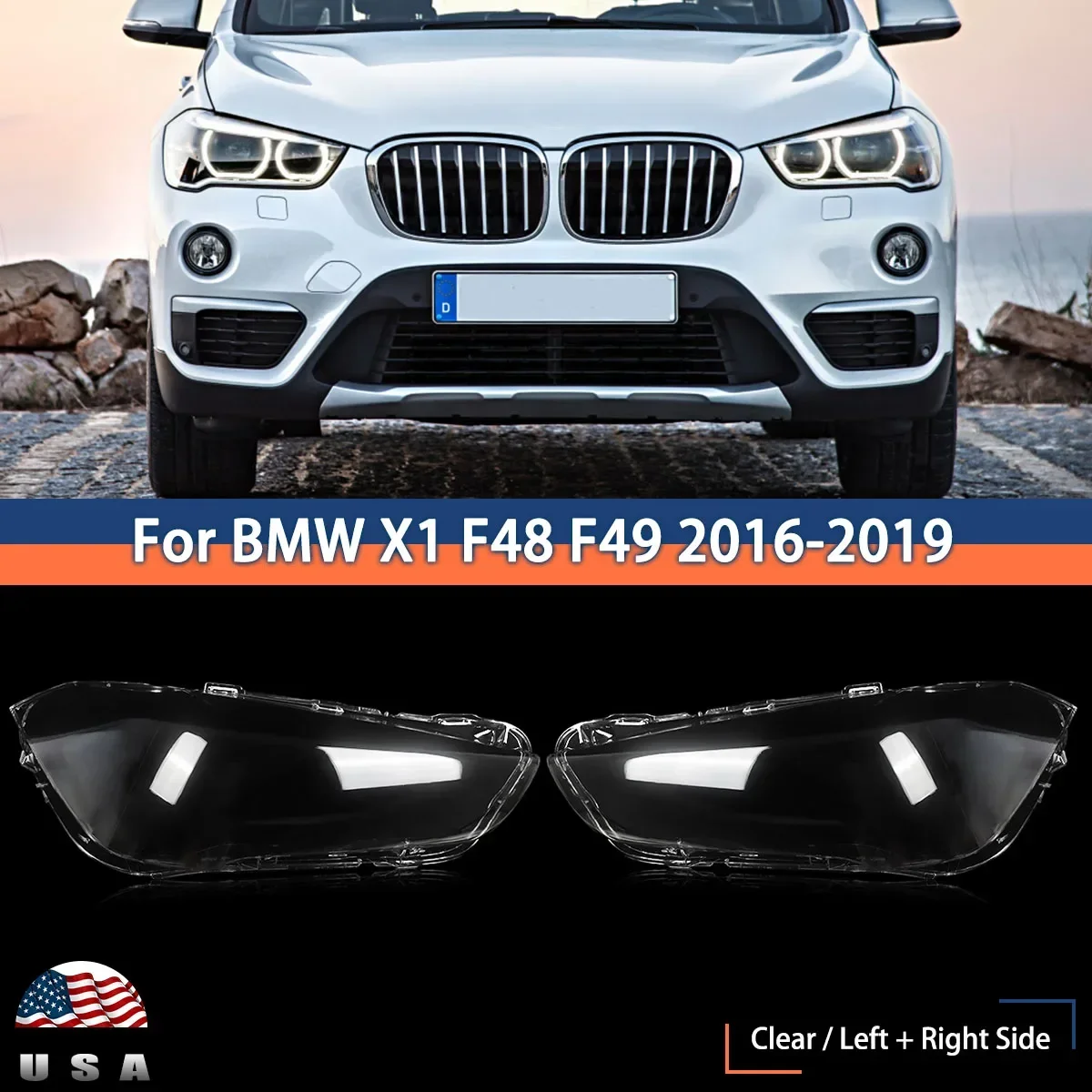 

Pair of Headlight Lens Cover Cap For BMW X1 F48 F49 2016-2019 Left Right Side