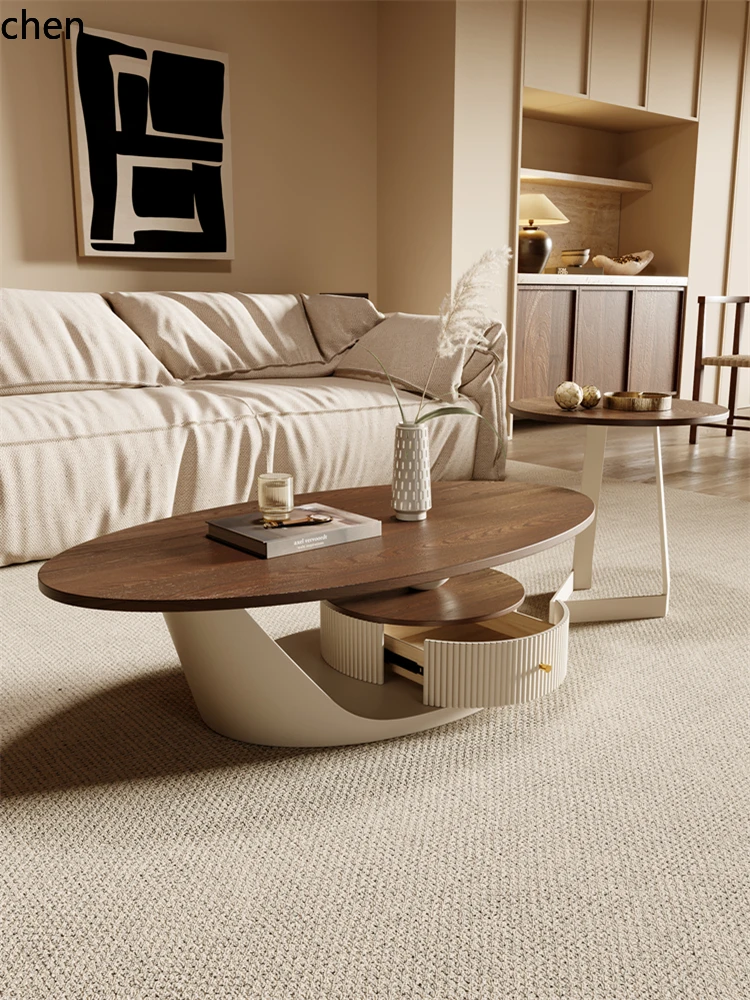 

QZT solid wood coffee table oval living room household rock slab tea table