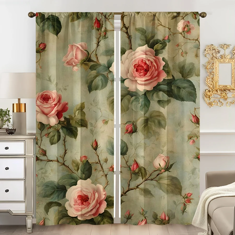2 Stück mehrfarbige Vintage-Vorhänge mit rosa Rosen-Blumenmuster und Stangeneinschub-Design für Schlafzimmer und Wohnzimmer
