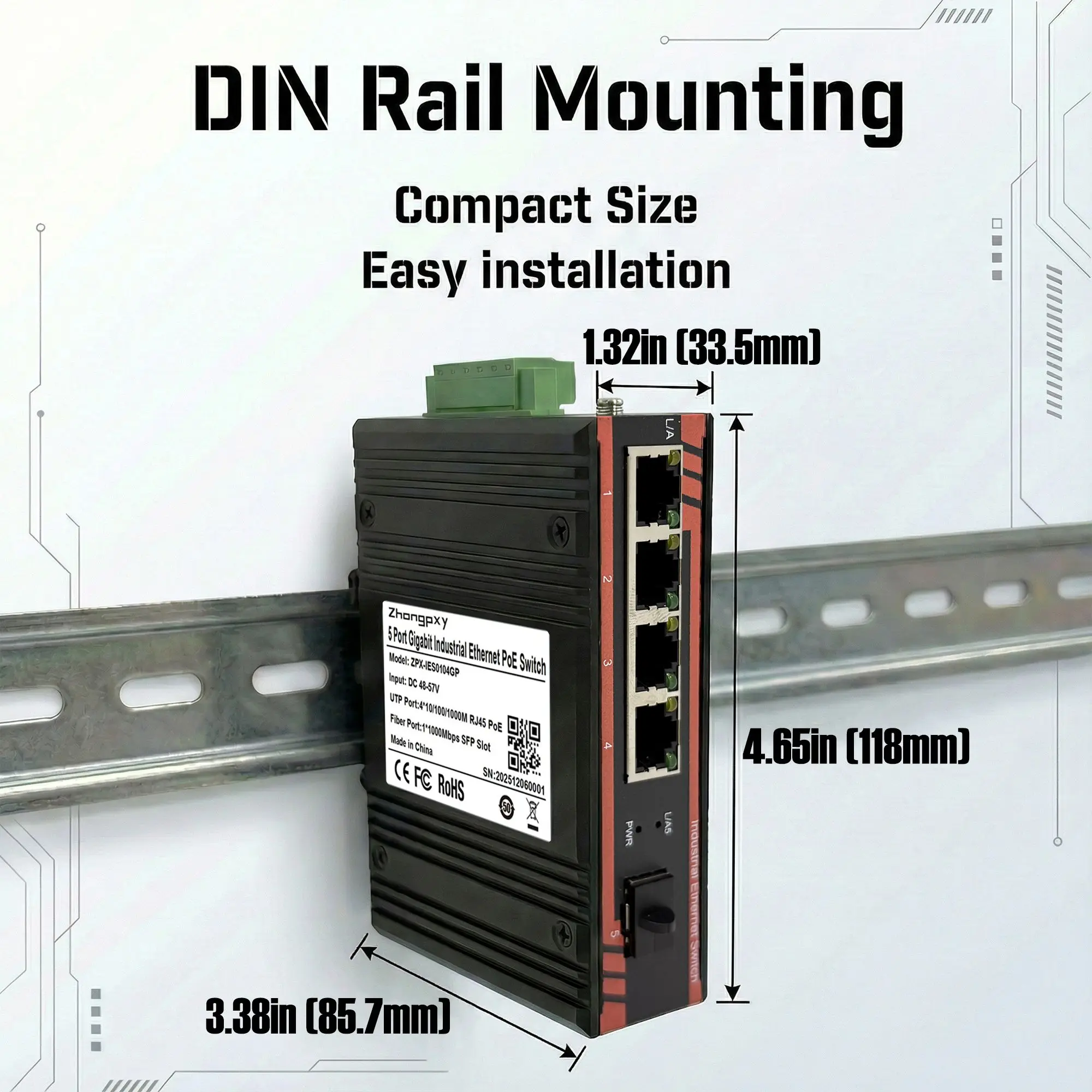 Industrial Ethernet Switch 4×Gigabit RJ45 + 1×SFP Fiber | 5-Port Unmanaged DIN-Rail Switch | IP40 Aluminum |12–52V DC|-40~80℃