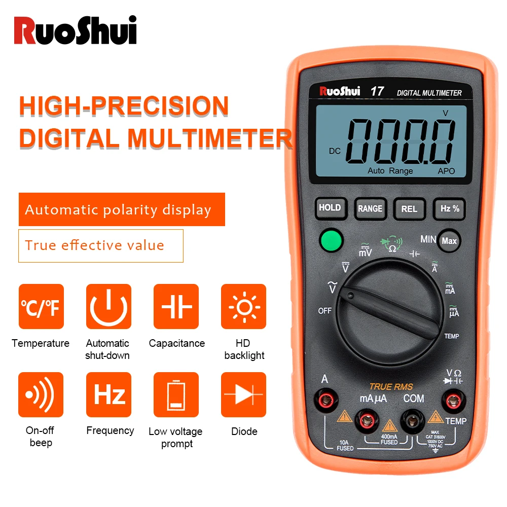 RuoShui 17 Multimeter True RMS AC DC Voltmeter Ammeter Tester 1000V 20A Capacitance Frequency Resistance LED Digital Multimetro