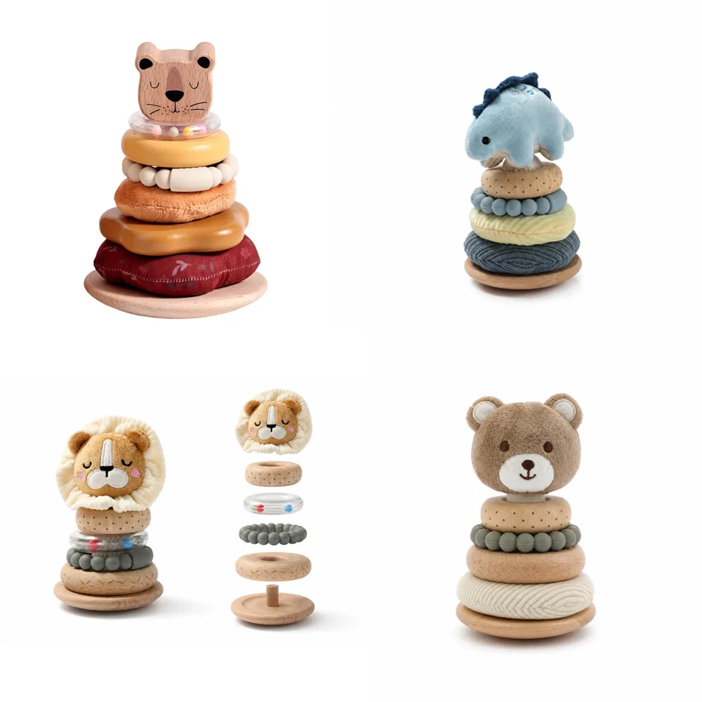 Baby Plush Fabric Animal Stacking Toy CartoonThemed Wooden Soft Rubber Ring Stacking Toy Sensory Early Learning Educational Toys