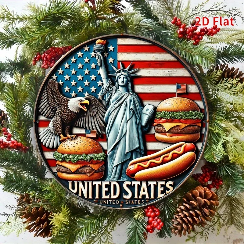 2D Flat, 1pc American-Themed Metal Wall Sign Compatible with 2D Flat Printing - Statue of Liberty, Bald Eagle, Hamburgers