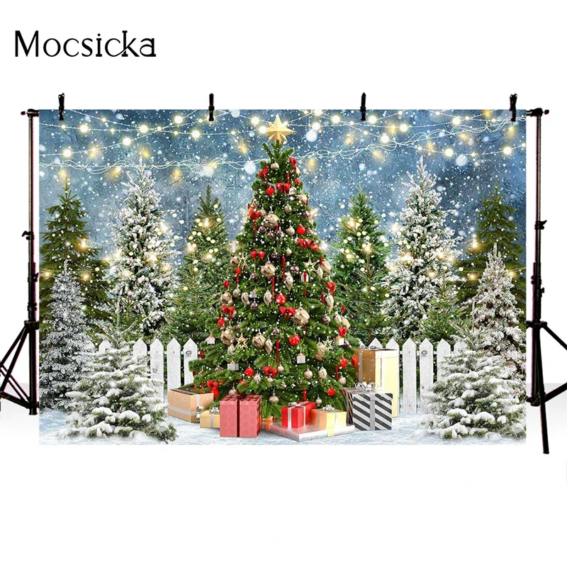 Mocsicka Christmas Tree Background Photography Winter Forest Snow Fence Decoration Child Portrait Photo Backdrops Outdoor Studio