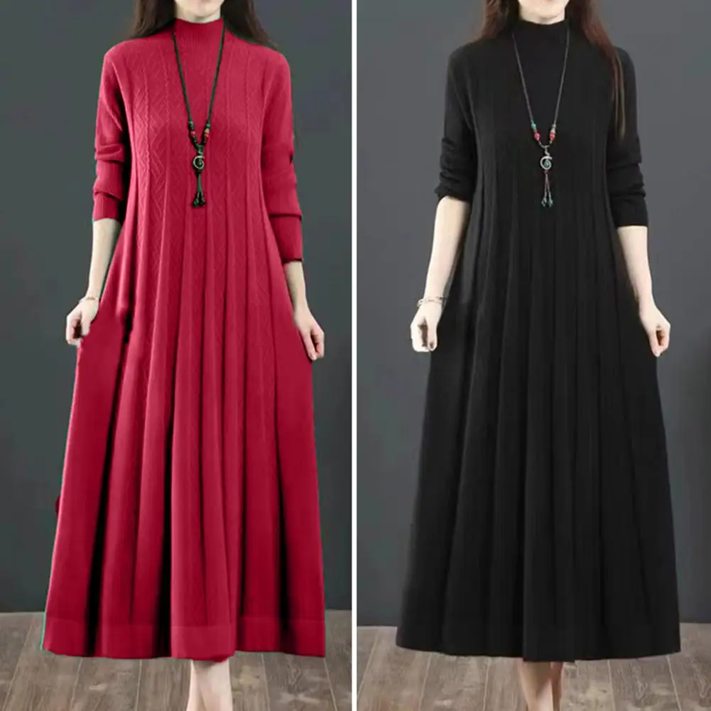 

Winter Sweater Pleated Midi Dress Cozy Knitted A-line Midi Dress with High Collar Pleated Hem for Women's Fall Winter Wardrobe