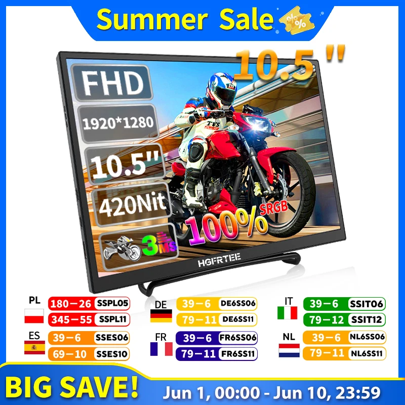 HGFRTEE 10.5 inch Portable Monitor 420Cd/m  FHD 1280P 100% SRGB Laptop Second Screen For Mac Xbox PS4/5 Switch