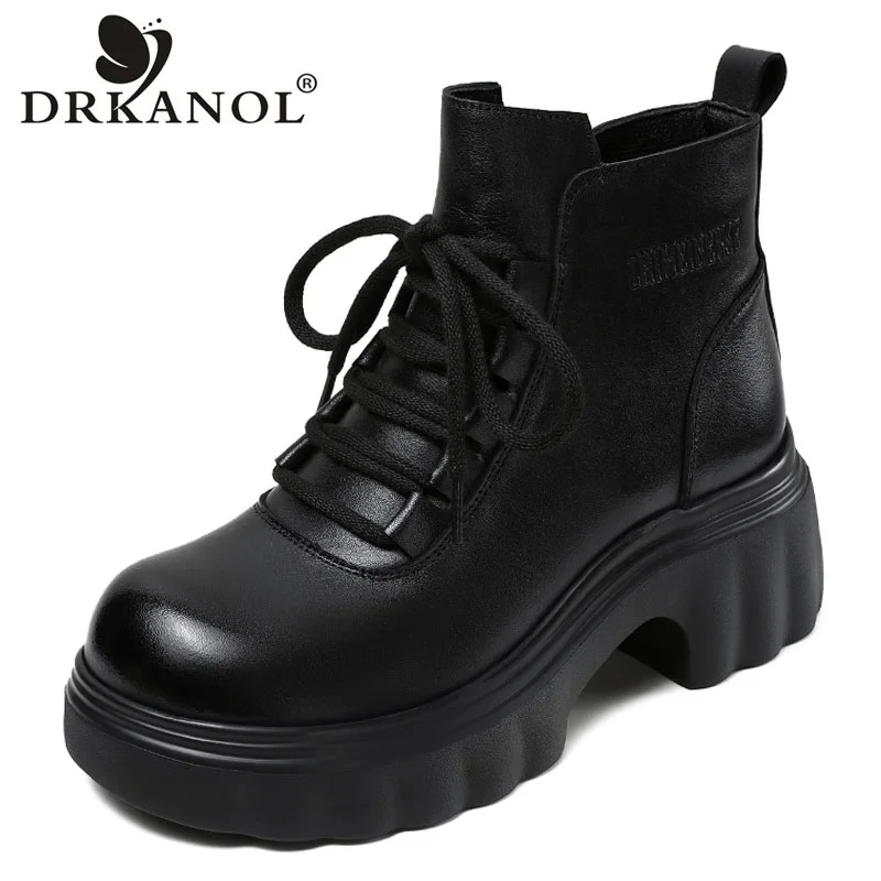 

DRKANOL Winter Warm Platform Ankle Boots Women Thick High Heel Height Increasing Genuine Leather Lightweight Retro Short Boots