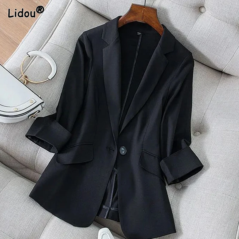 Blazer de botões entalhados feminino, Monocromático, Solto, Escritório, Formal, Casual, Roupa de primavera, Verão, Tops finos, Lady Fashion