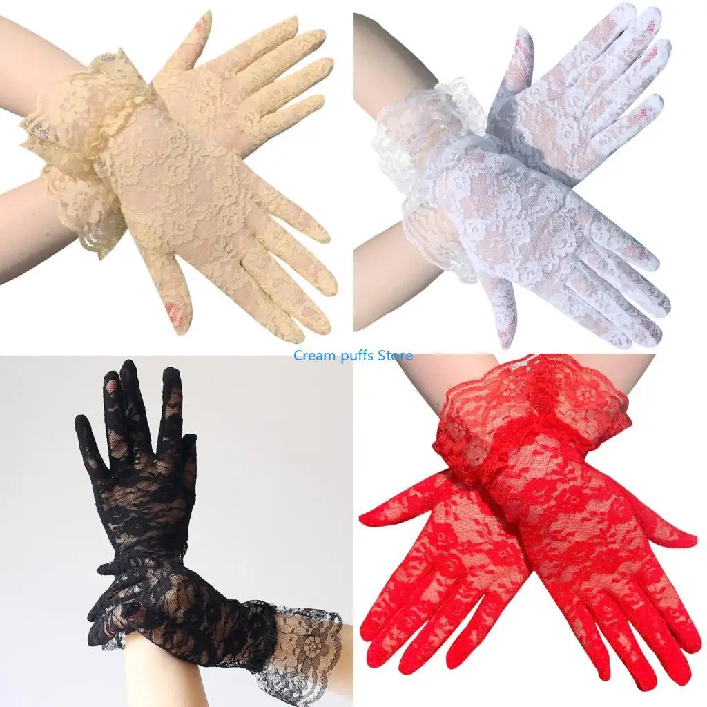 50LE 2pcs Sheer Lace Arm Length Gloves Wedding Women Fancy Short Tulle Mittens for Special Occasion