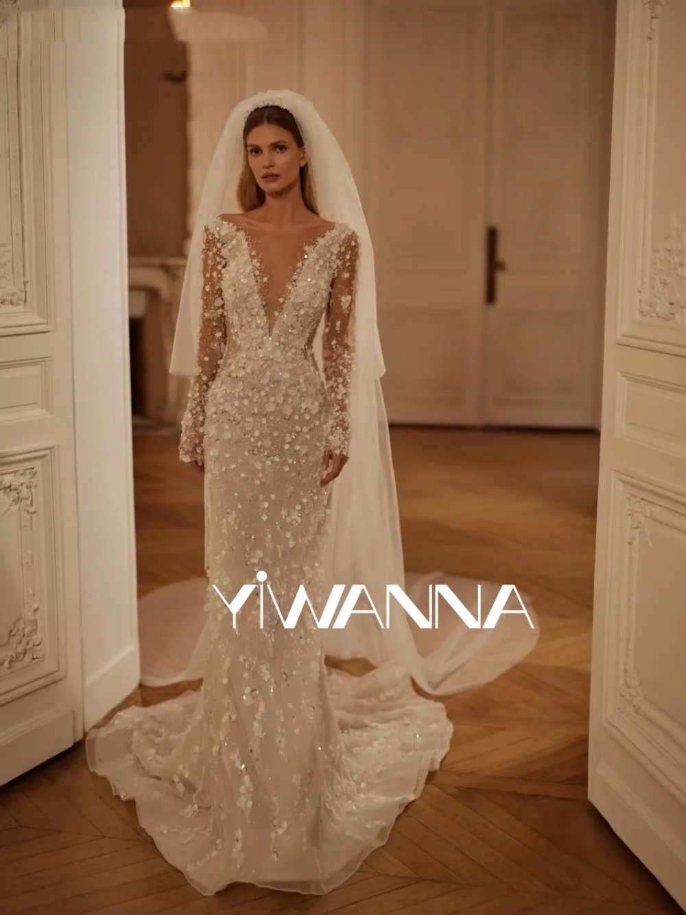 

Charming Dazzling Beaded Wedding Dress With 3D Flower Illusion Deep V-neck Mermaid Bridal Gown Customized New Dresses For Bride