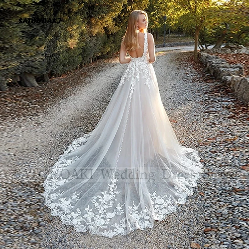 Robes de mariée en dentelle à col en V pour femmes, appliques de train de balayage A-ligne, robe de mariée dos nu, élégantes et personnalisées, simples et éducatives