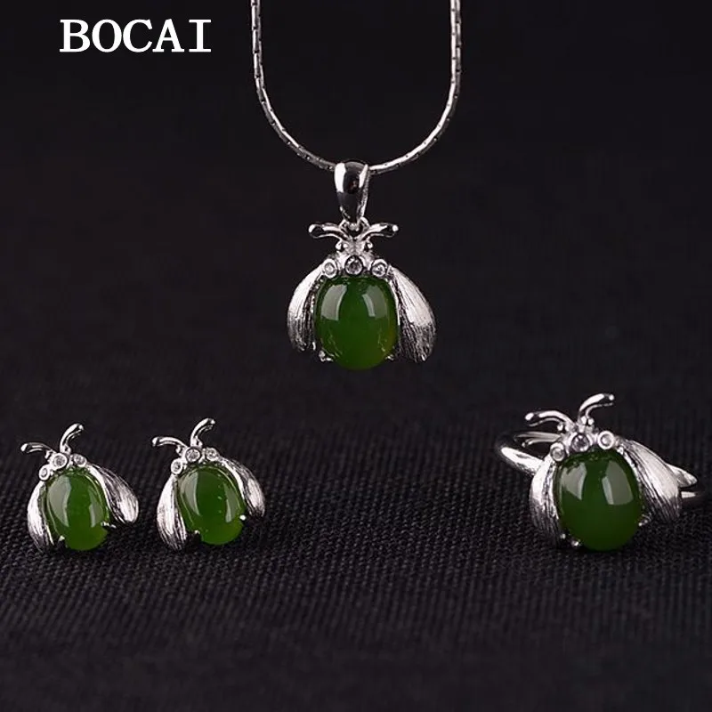 BOCAI New S925 Silver Minimalist Refreshing Jade Beetle Earrings Ring Pendant Women's Gift