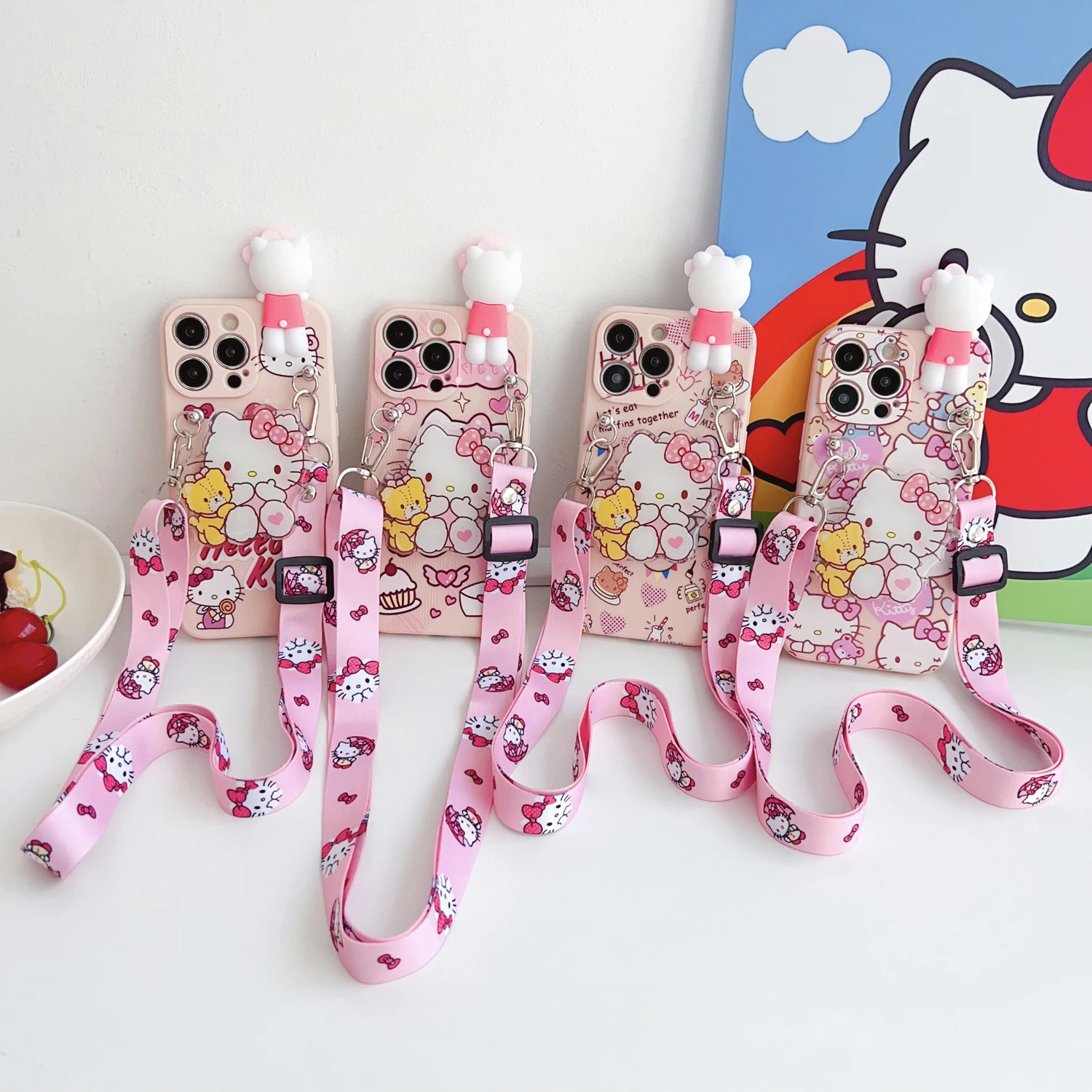 For Samsung Galaxy A17 A07 A16 A06 A26 A56 A04E A05 A05s A15 A25 A35 A55 Candy Hello Kitty Case With Holder Rope