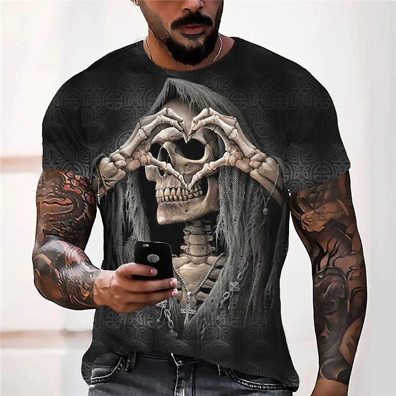 Vintage T Shirts For Men 3D Print Skull Flower Tee Top Short Sleeve Loose Punk Style O-Neck T Shirts Men Clothing Camiseta