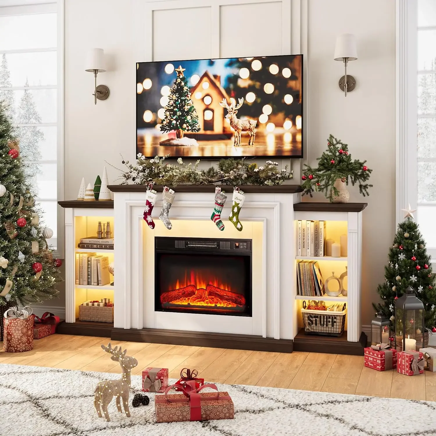 72" LED Electric Fireplace with Mantel, Fireplace TV Stand for 80 Inch TV, Modern Entertainment Center with Storage, Delicate