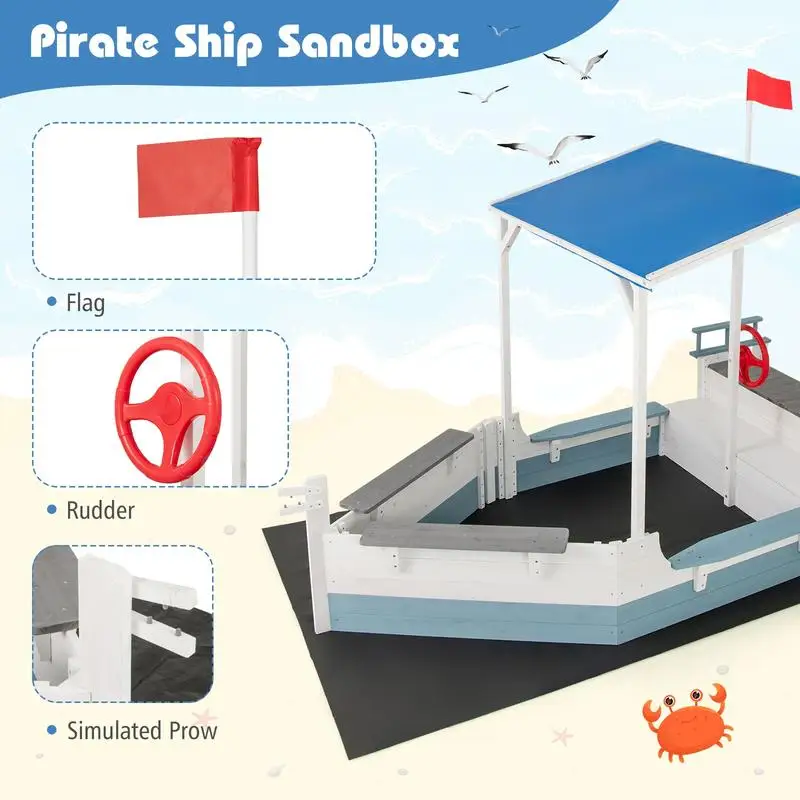 Obrázek 8: Pirát koráb sandbox s baldachýn s lavice sedačky a dno liner-white
