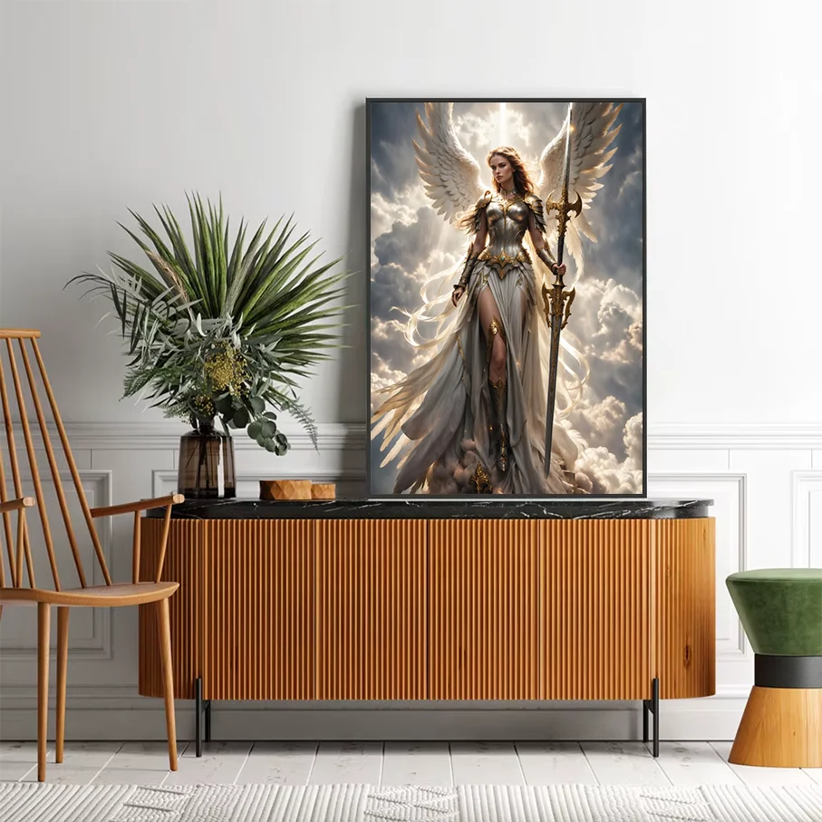 Fantasy Angel Warrior Woman White Wings Silver Gold Armor Cloudy Sky Canvas Print Wall Art Home Decor