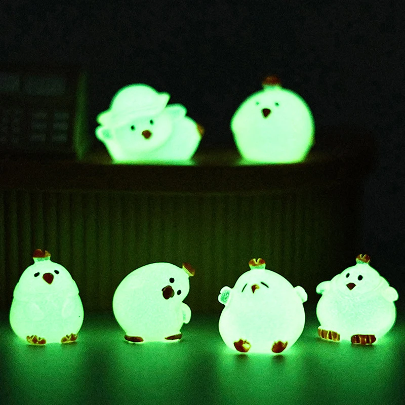 6Pcs Cute Luminous Mini Chicken Figurines Resin Miniature Chickens Glow In The Dark For Dollhouse Micro Landscape