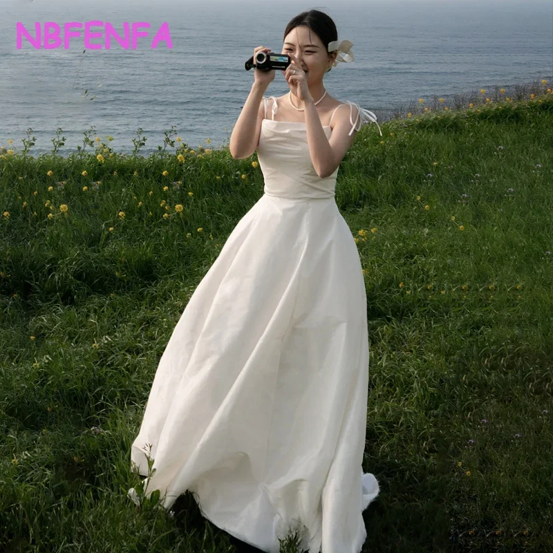 White Square Neck Light Wedding Dresses Korean Satin Simple Spaghetti Straps Dress Photo Shoot Bridal Dress Vestidos Para Mujer