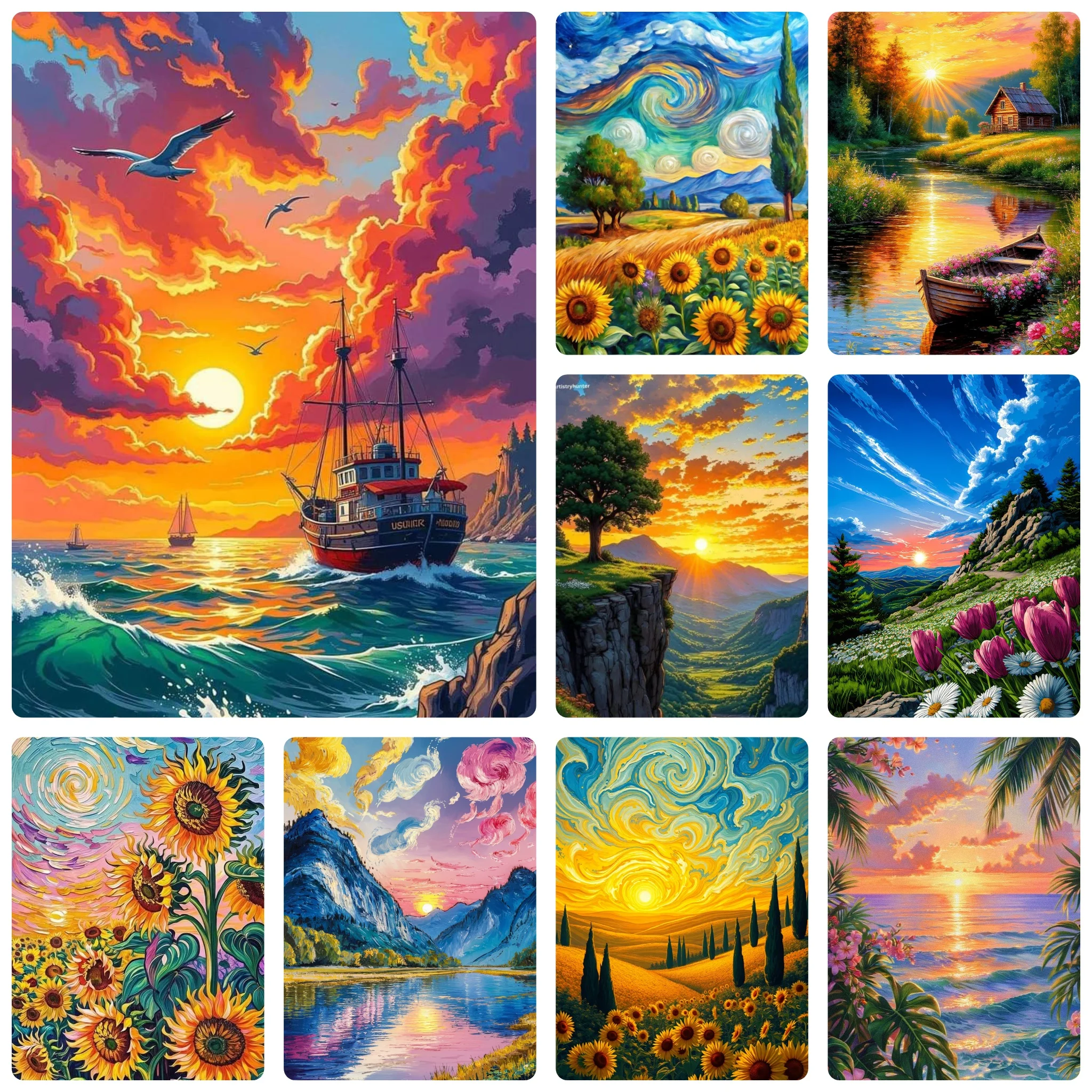 DIY Colorful Van Gogh Style Sunset Ocean Mountain Landscape Art Diamond Painting Mosaic Handmade Art Exquisite Home Decoration