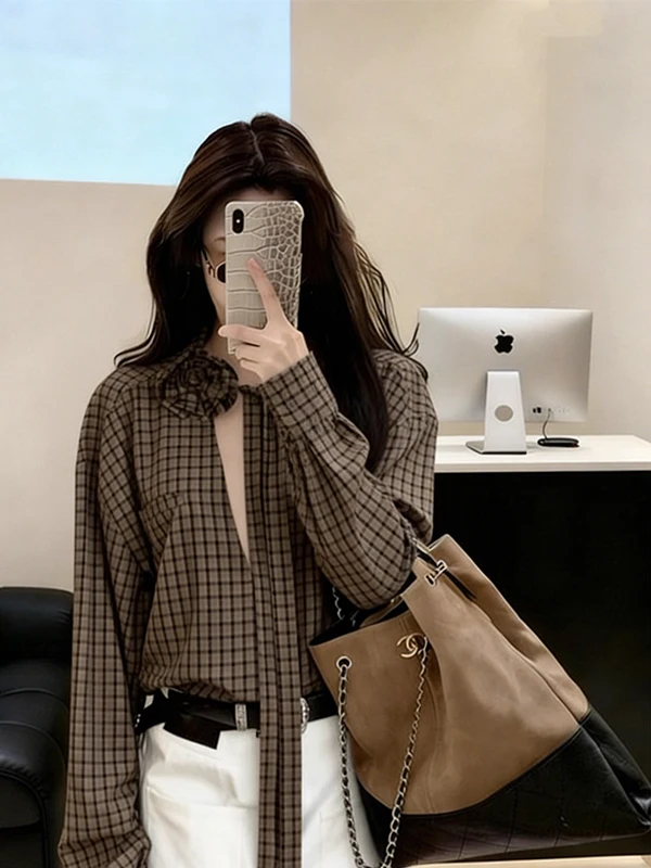 

Early Spring Plaid Casual Long Sve Women's irt with Sa Coffee Color Vintage Design Sense Outerwear for Young Women