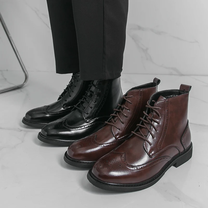 

Classic Men's High Top Leather Boots Large Size：38-46 Brown Brogue Lace Up Ankle Boots Vintage Style Formal Office Dress Shoes