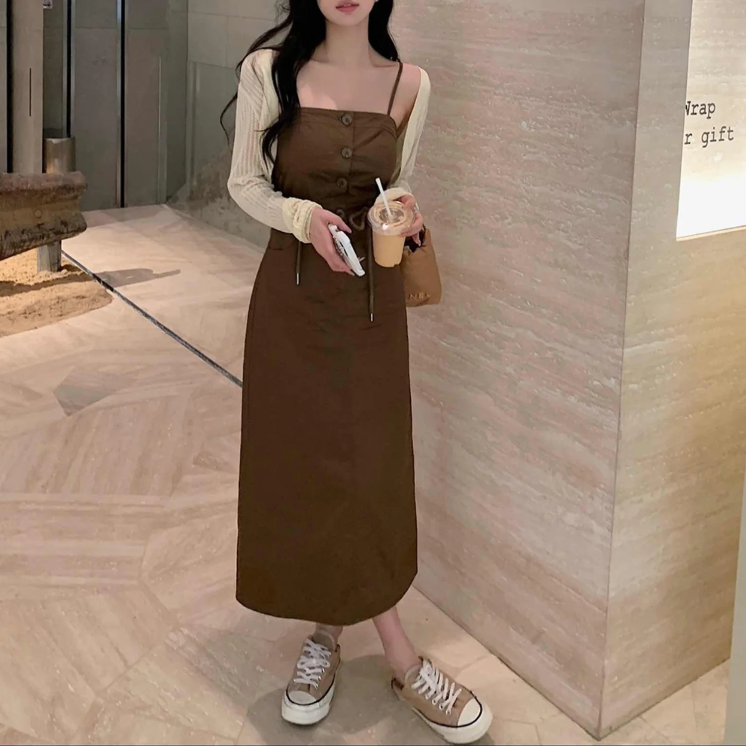 

2025 New Solid Color Long Skirt Design With Button Drawstring A-Line Skirt, Slimming Camisole Dress