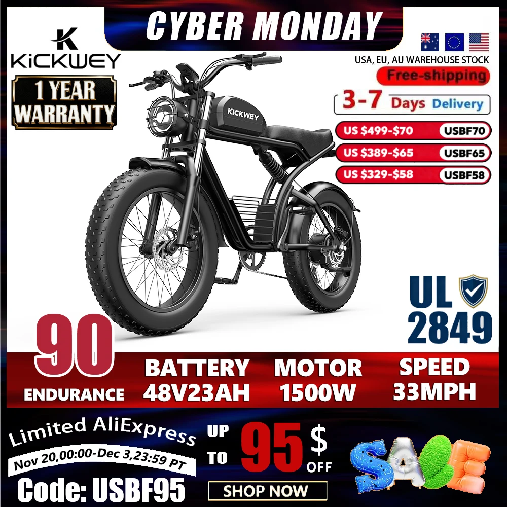 Kickwey K7 الكبار دراجة كهربائية 1500 واط 48 فولت 23ah دراجة كهربائية جبلية 20 بوصة الدهون الإطارات الترفيه في الهواء الطلق على الطرق الوعرة E الدراجة