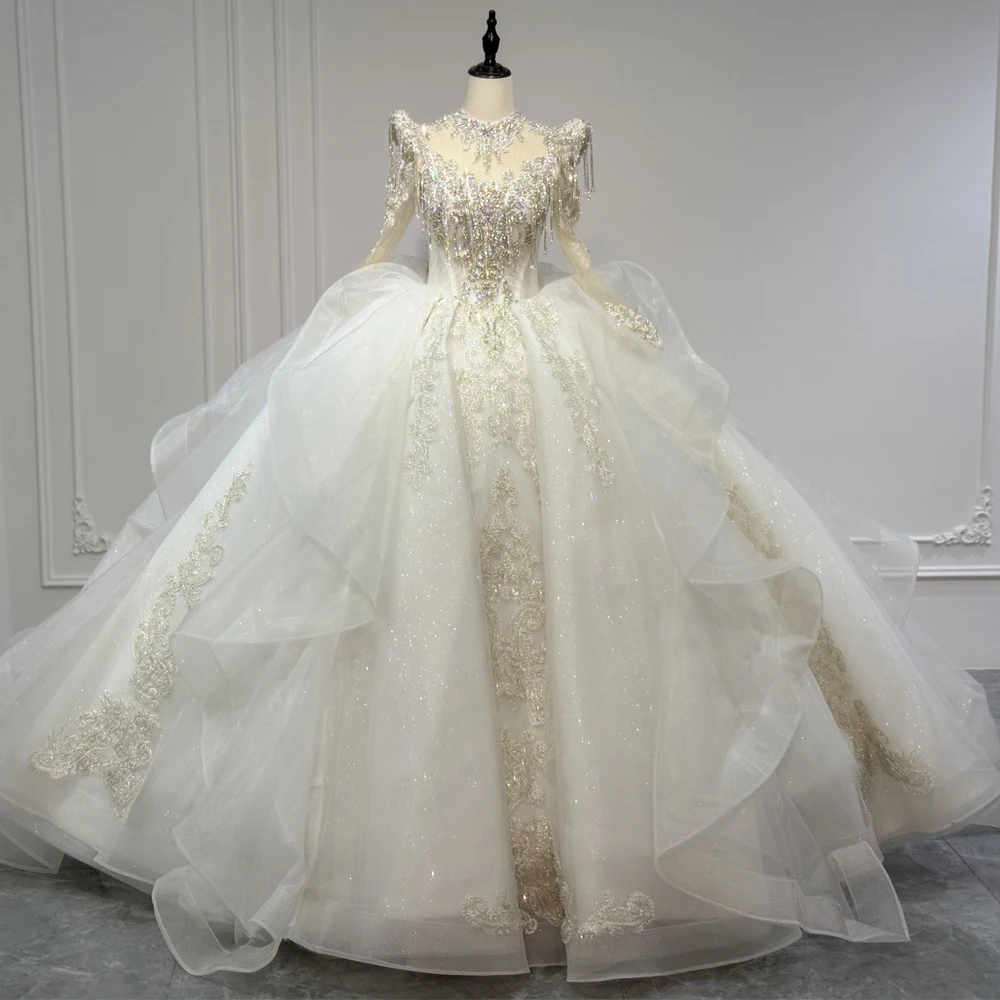 Rhinestone Wedding Dresses For Brides With Tassel Beading Sequine High Neck Long Sleeves Lace Up Back Ball Gown Robe Mariage