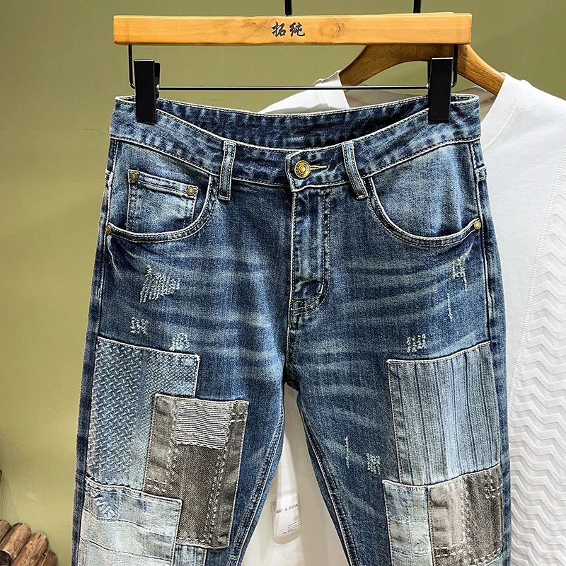 

TC3027 High street tide brand jeans men's splicing patch Slim small straight leg trousers heavy embroidery gang handsome