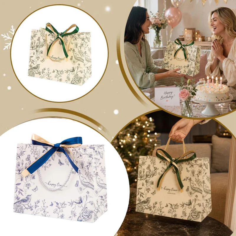 10Pcs Gift Bags With Ribbon Bow Floral Print Paper Gift Wrapping Bags Tote Bags Birthday Retail Bags Portable Luxury Handbag