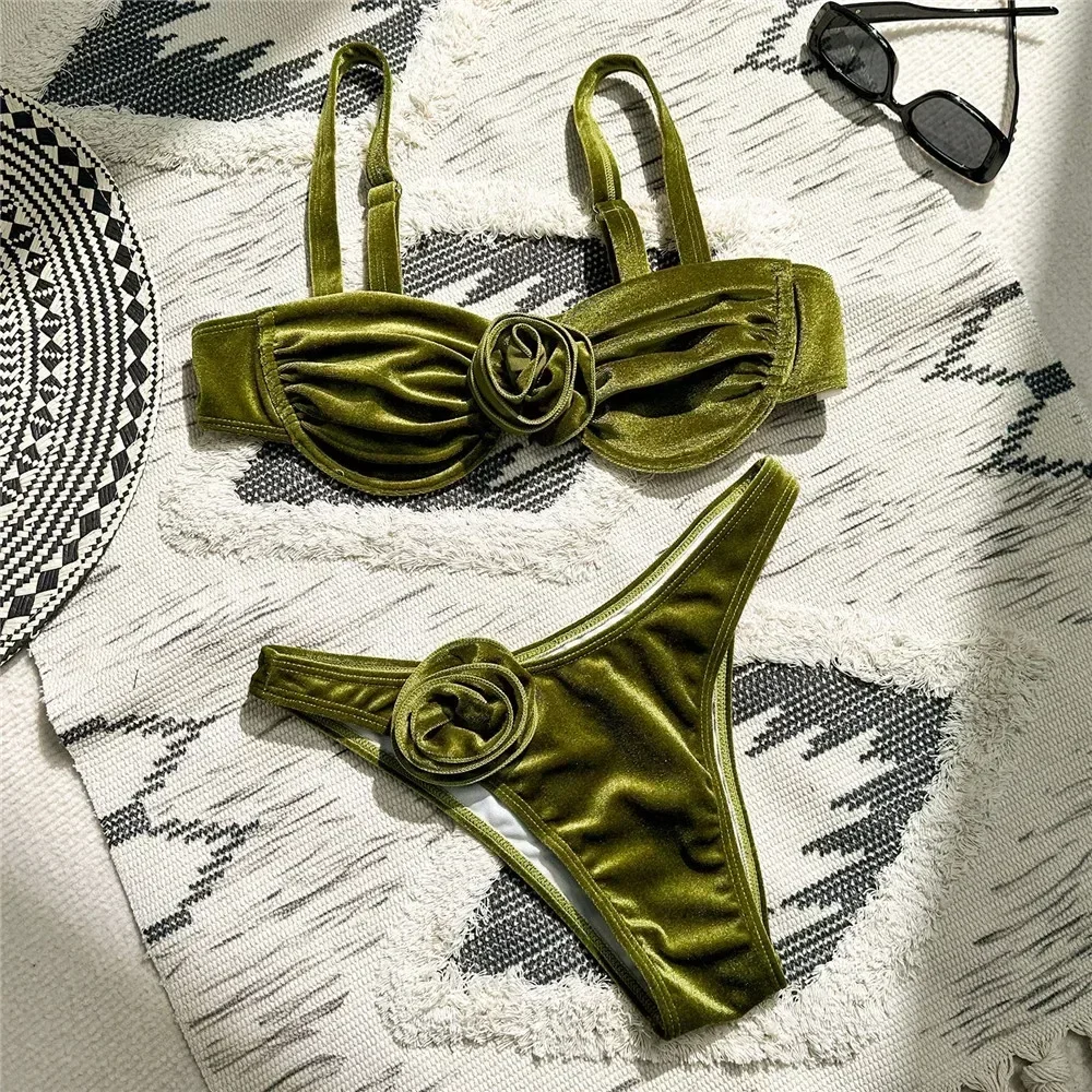 

Sexy Green Velvet 3D Flower Swimwear Push Up Bikinis Sets Swimsuit 2025 Women Underwired Bathing Suit Thong Bikini Mujer Biquini