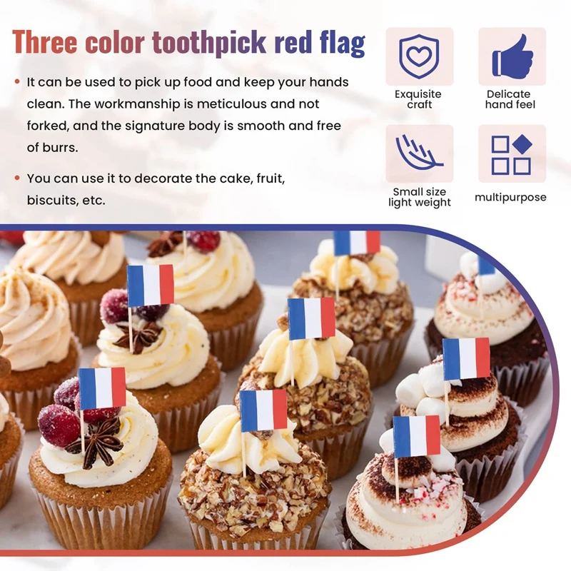 ●Lot of 50 Pcs Mini Wooden Toothpick with Flag for Decor of Fruit Pastry - France (Blue, White, Red)-ABFB