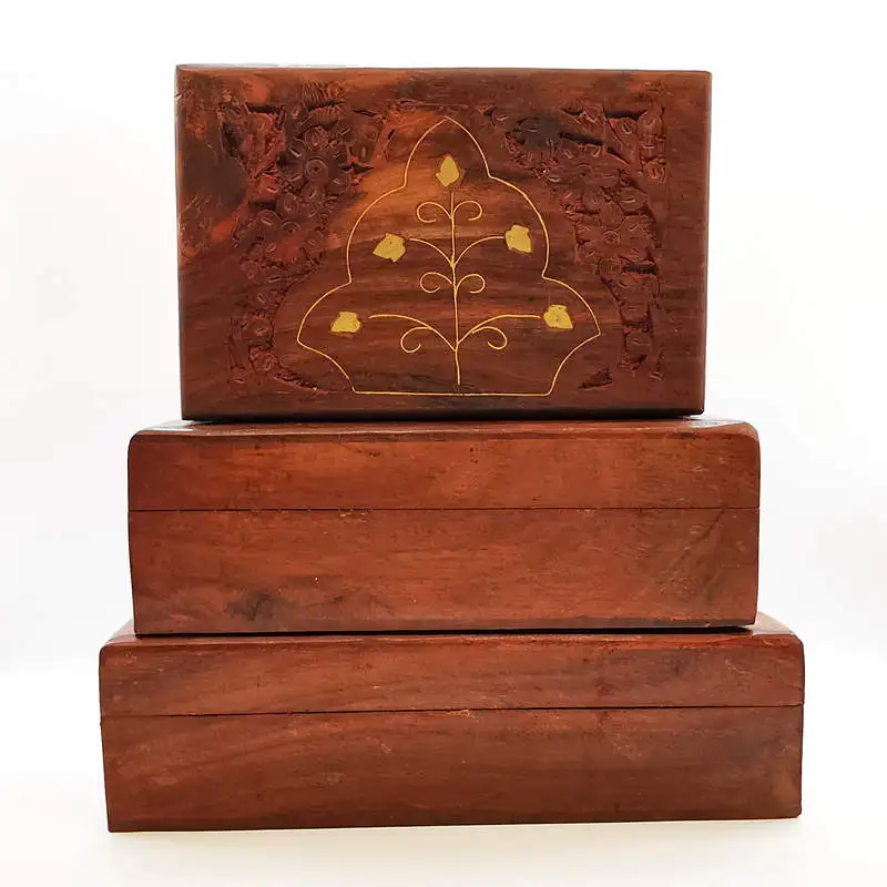 Indian Handmade Rosewood Jewelry Boxes Family Decor Arts Cases Bodhi Tree TJB972