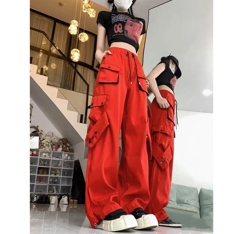 

American High Street Workwear Casual Pants Women Summer Loose Color Block Straight Leg Long Pants Pocket Straight Wide Leg Tr...