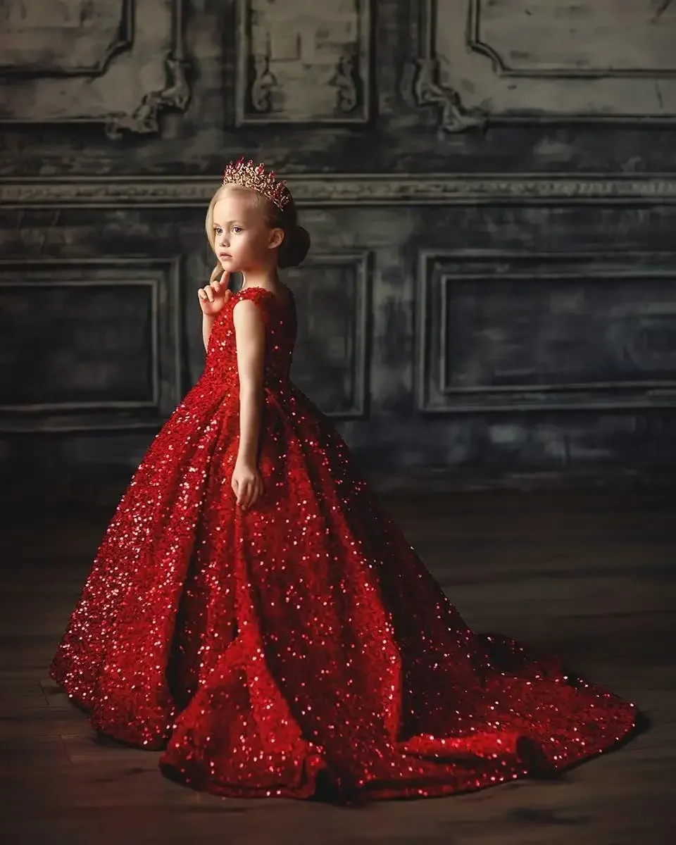 Party Dresses V Neck Sequin Pageant Dresses for Girls Sparkly Ball Gown Flower Girl Gowns Princess Kids Toddler Communion Dress