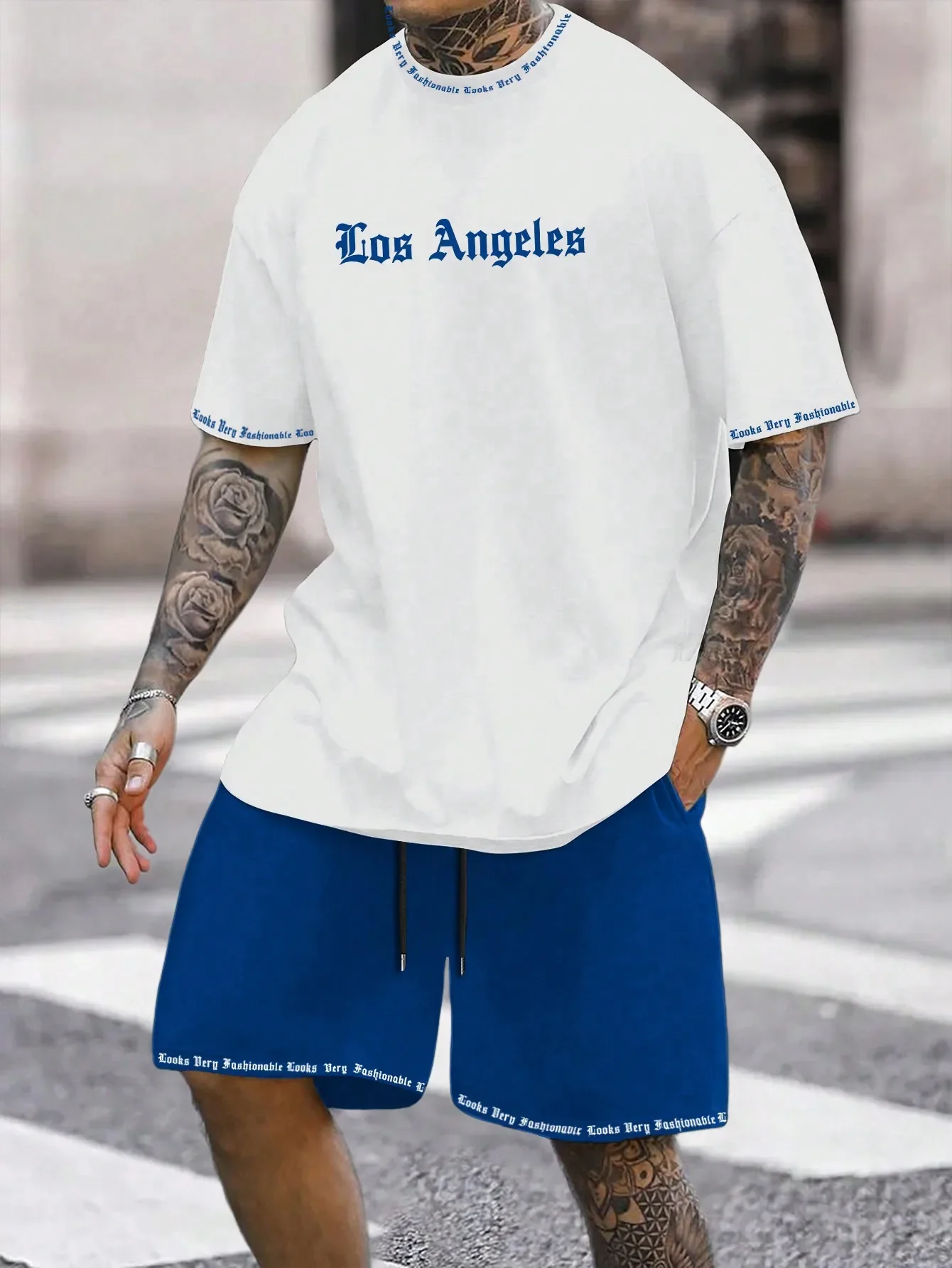 Modischer Street Herren-T-Shirt mit schlichtem Monogramm-Aufdruck, Rundhalsausschnitt, kurzen Ärmeln und Shorts, Sommer-Freizeit-Sportanzug