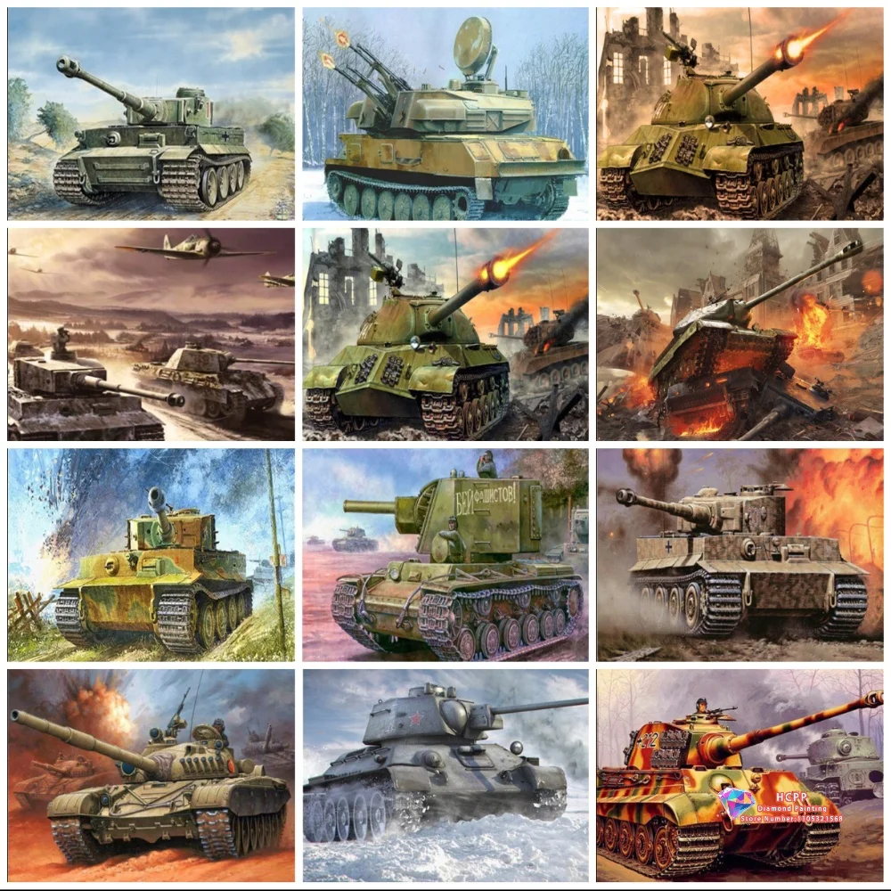 Tank-Landschafts-Diamantmalerei-Set, quadratische und runde Diamanten, 5D DIY Mosaik, handgemachte Kunst, exquisites Geschenk für Erwachsene, Bastelarbeiten, Heimdekoration