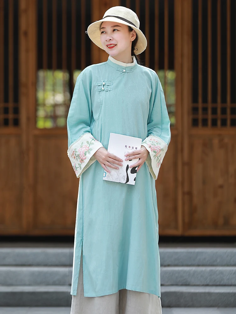 

Ele Blue Embroidered Cotton irt with Button Design Traditional Chinese Sle Long Sve Mid-Length Busin Cas...