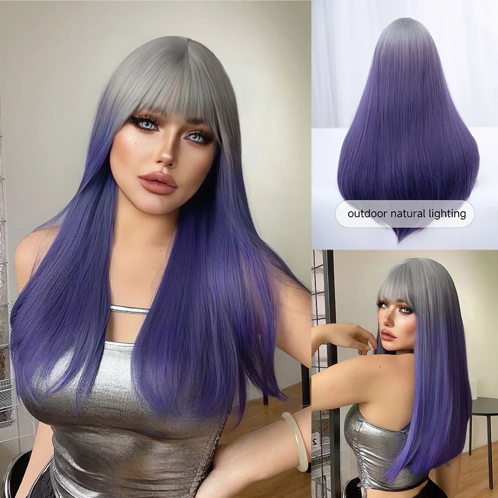 

24Inch Grey Gradient Purple Synthetic Wigs With Bang Long Natural Straight Hair Wig For Women Daily Use Cosplay Heat Resistant