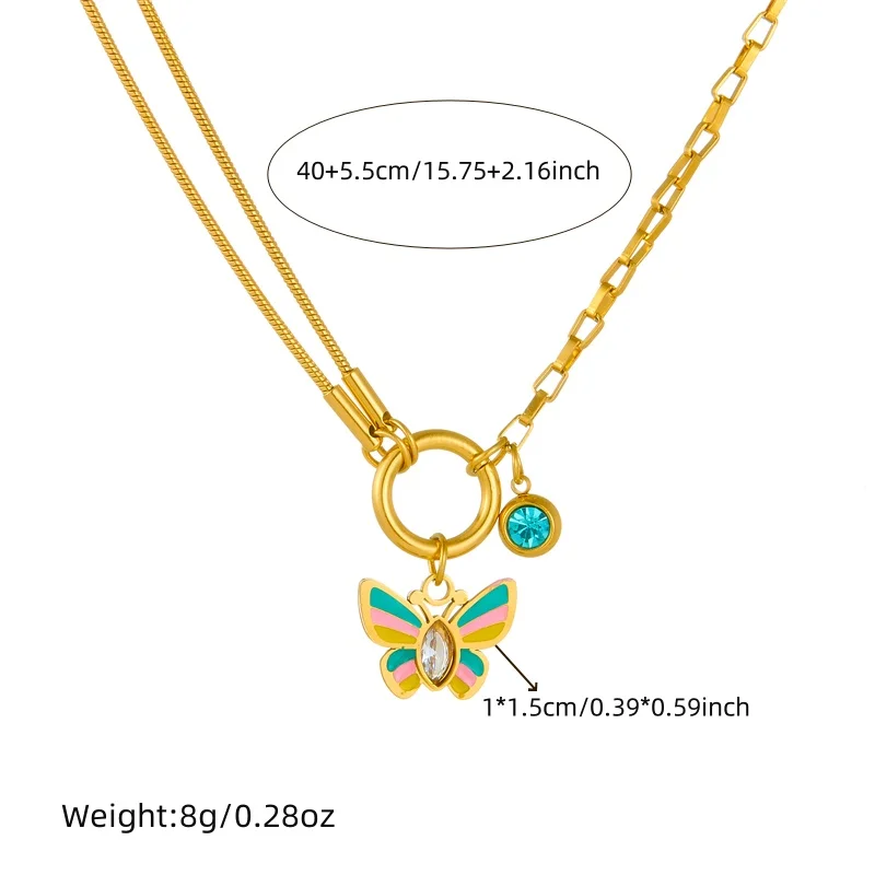 DIEYURO 316L Stainless Steel Colorful Butterfly Splicing Zircon Asymmetric Necklace Earrings Women Trend Non-fading Jewelry Set