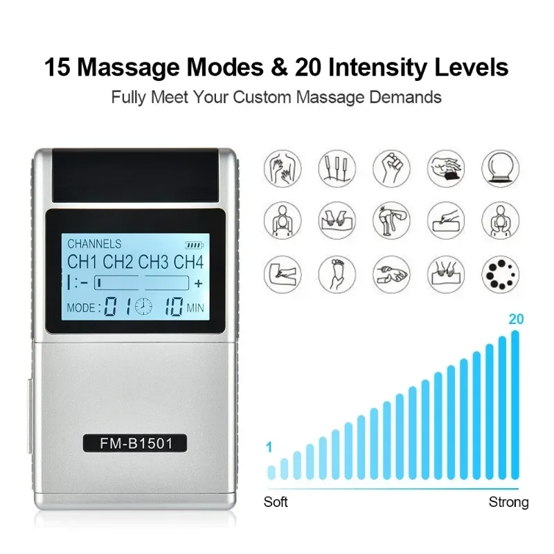 

Rechargeable TENS Machine Electric 15 Modes EMS Muscle Stimulator Digital Electroestimulador Muscular Tens Fisioterapia