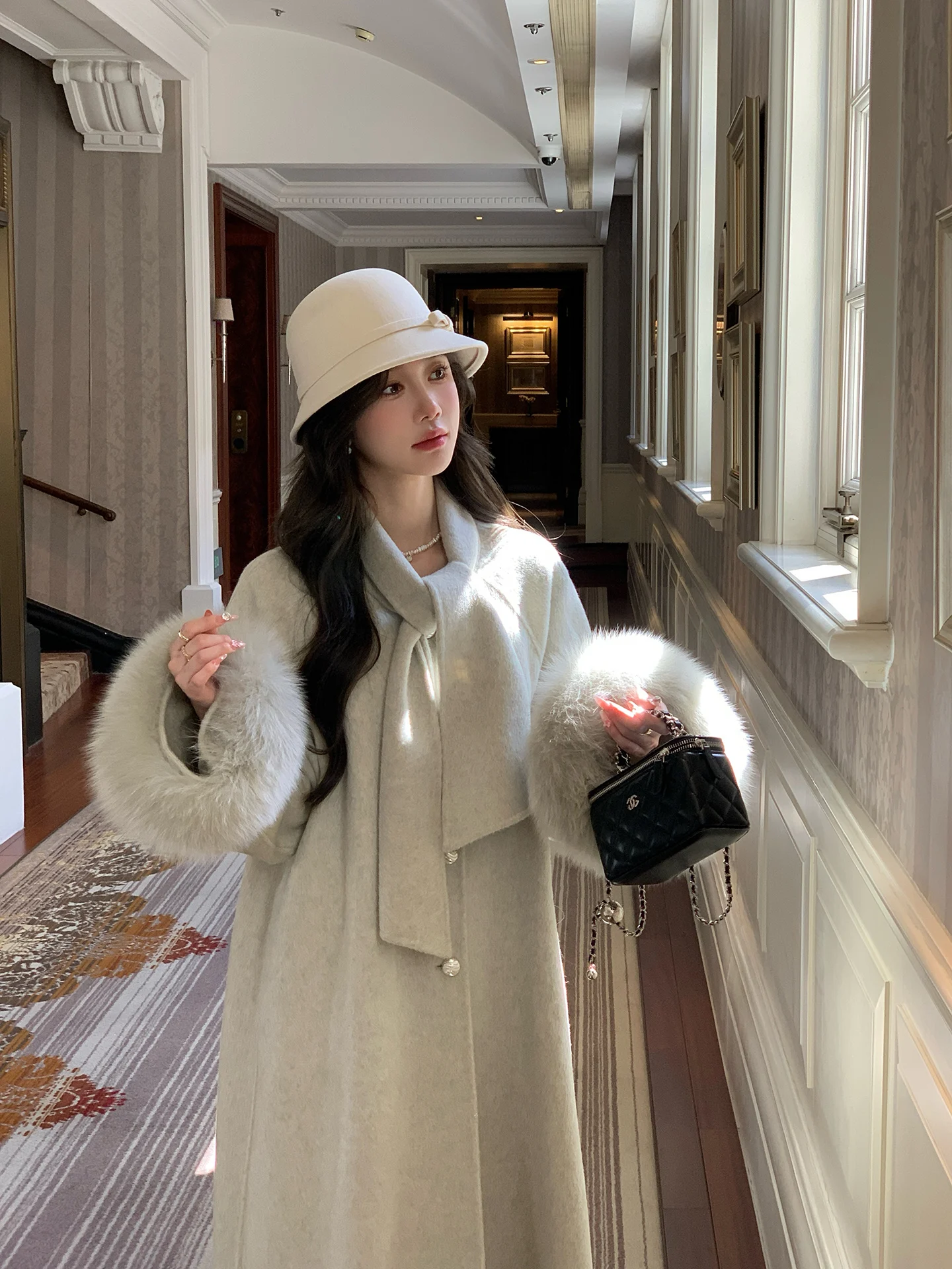 

Двустороннее шерстяное пальто с меховыми манжетами, женское, утепленное, класса люкс, новинка 2025 года, для повседневной носки, лимитированная серия