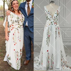 Customized A Line Embroidered Wildflower Colorful Wedding Dress Plunging V Neck Bare Back Bloom Leaf Chiffon Dream Bridal Gowns