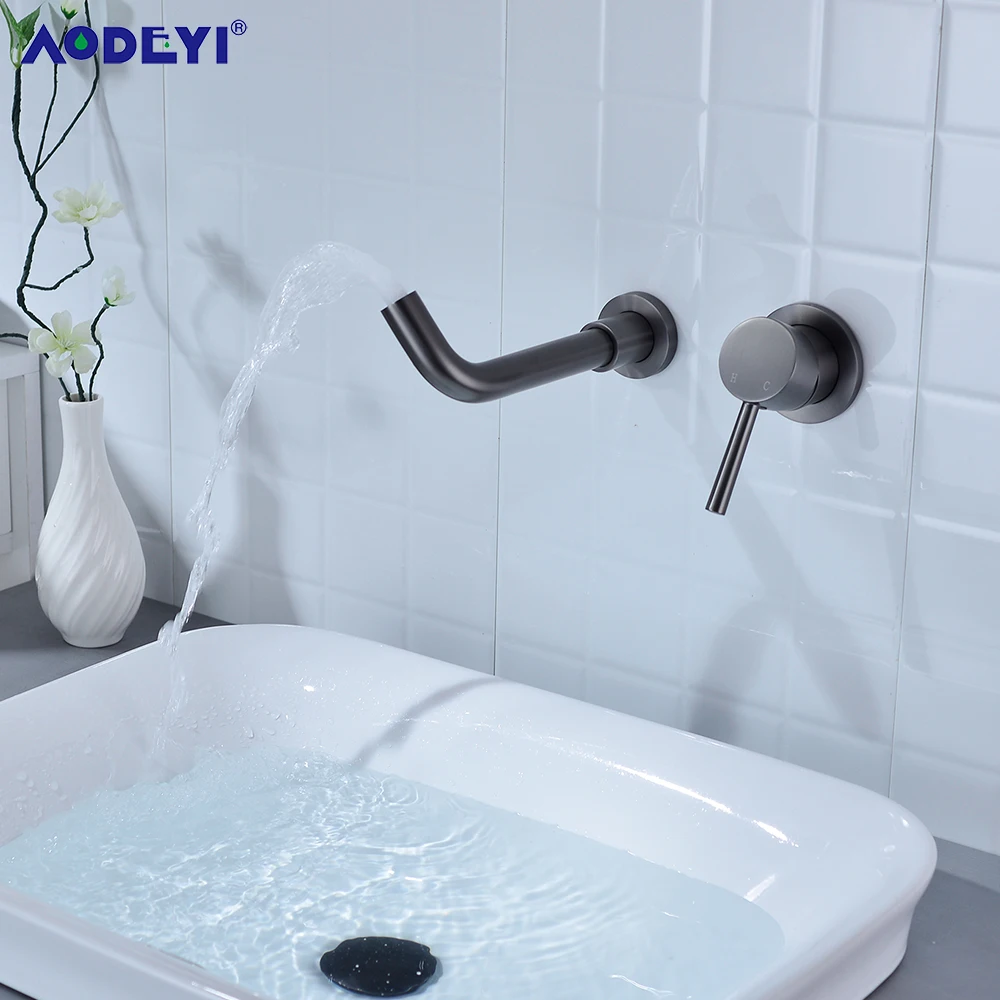 Gun Grey Mixer Hot Cold Water Tap Single Hole Swivel Spout Bath Single Lever Handle Wall Mounted Bathroom Brass Sink Faucet Taps